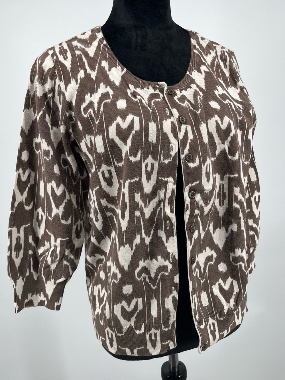 Talbots Brown and Cream Ikat Patterned Cotton Silk Button-Front Cardigan